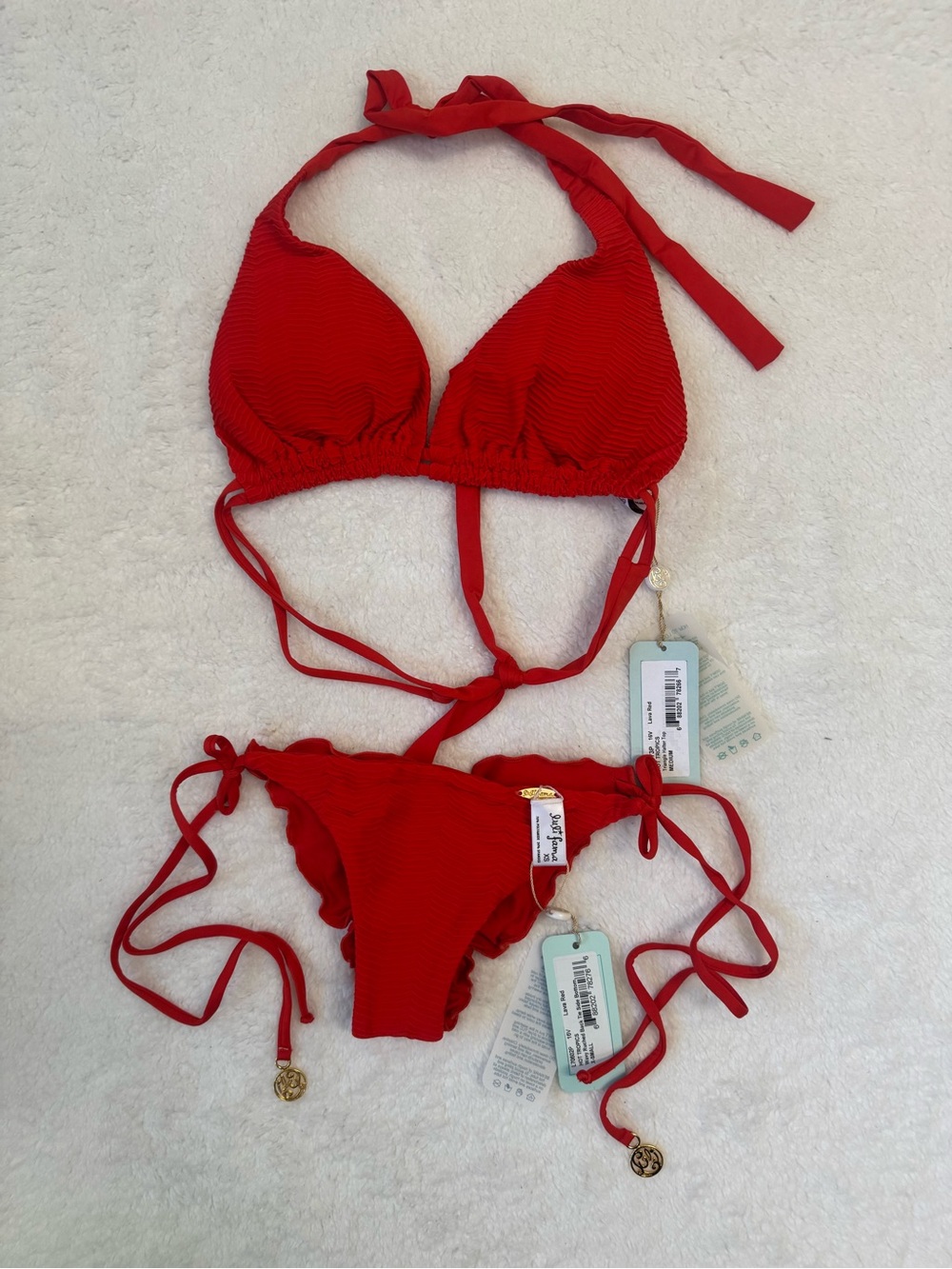 Luli Fama Hot Tropics Lava  Red Textured Wave Rushed Triangle Bikini XS Top M - Picture 13 of 15